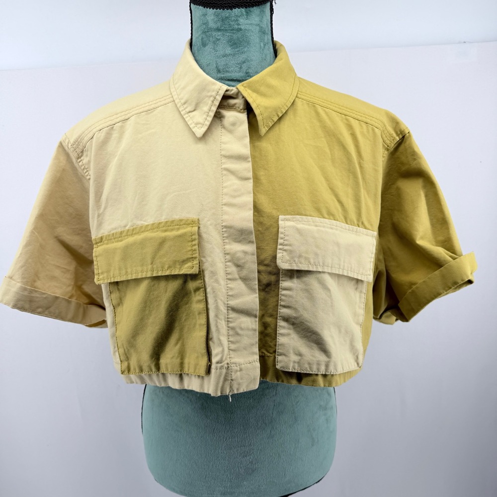 Zara Two Tone Colorblock Cropped Utility Jacket Tan Khaki Short Sleeve Medium